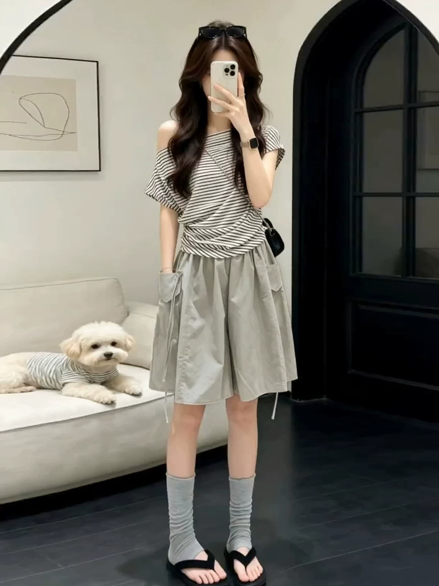 아메리칸 하이웨이스트 느긋한 루즈핏 워크웨어 오부 바지 캐주얼 스트레이트 바지 얕은 카키 색 반바지 여성 외출용 여름