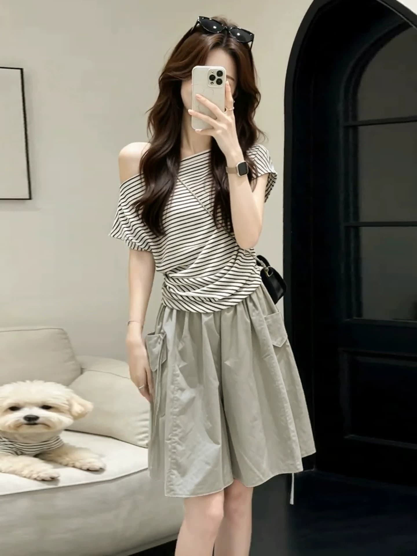 아메리칸 하이웨이스트 느긋한 루즈핏 워크웨어 오부 바지 캐주얼 스트레이트 바지 얕은 카키 색 반바지 여성 외출용 여름 이미지 3