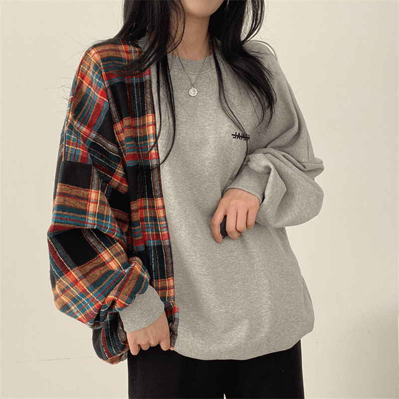 한국 chic 가을 연령 감소 레트로 작은 대중 디자인 센스 품격 라운드 넥 체크무늬 패치워크 루즈핏 긴팔 티셔츠 여성