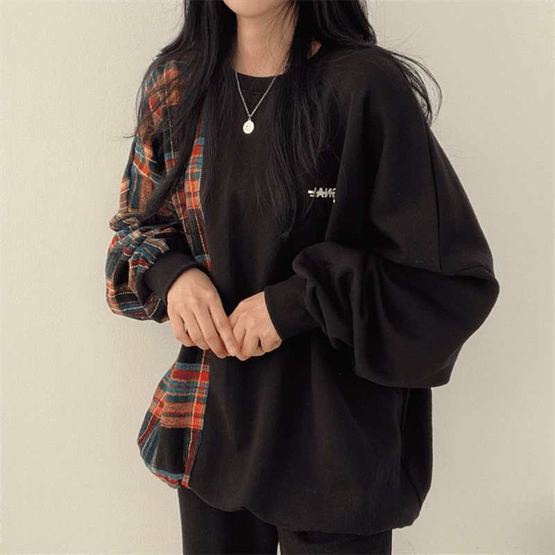 한국 chic 가을 연령 감소 레트로 작은 대중 디자인 센스 품격 라운드 넥 체크무늬 패치워크 루즈핏 긴팔 티셔츠 여성 이미지 3