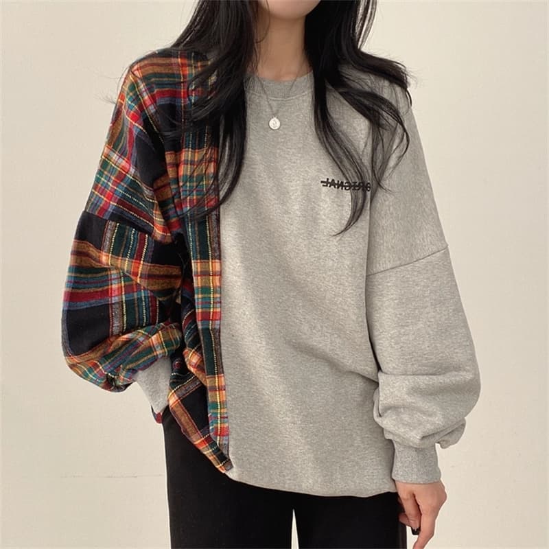 한국 chic 가을 연령 감소 레트로 작은 대중 디자인 센스 품격 라운드 넥 체크무늬 패치워크 루즈핏 긴팔 티셔츠 여성 상세 이미지 13