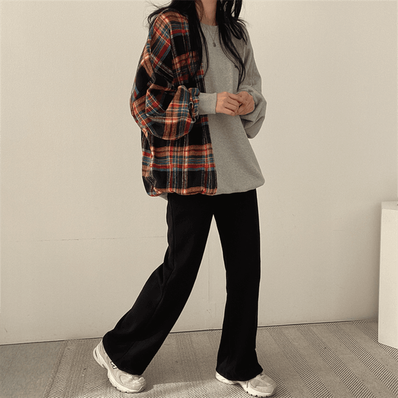 한국 chic 가을 연령 감소 레트로 작은 대중 디자인 센스 품격 라운드 넥 체크무늬 패치워크 루즈핏 긴팔 티셔츠 여성 상세 이미지 16