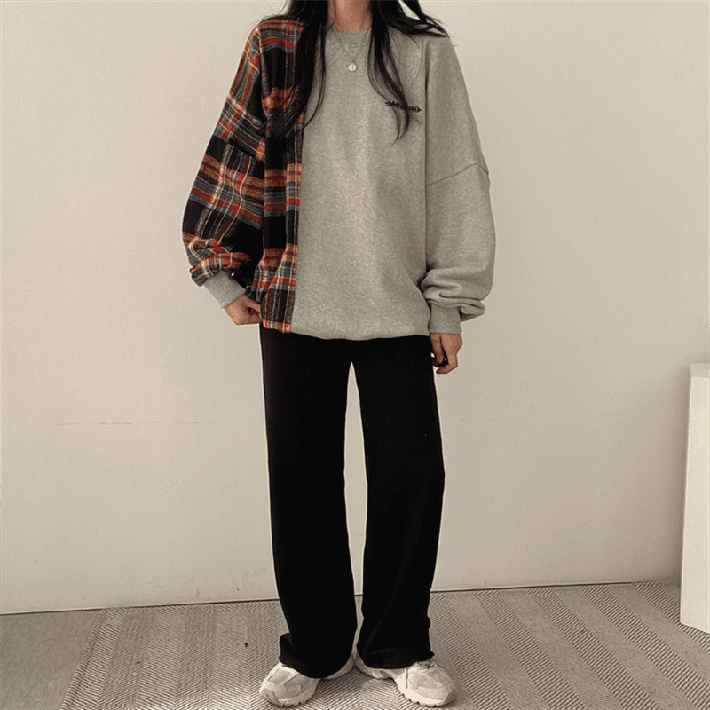 한국 chic 가을 연령 감소 레트로 작은 대중 디자인 센스 품격 라운드 넥 체크무늬 패치워크 루즈핏 긴팔 티셔츠 여성 상세 이미지 19