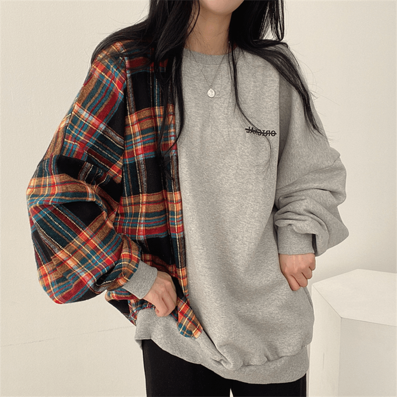 한국 chic 가을 연령 감소 레트로 작은 대중 디자인 센스 품격 라운드 넥 체크무늬 패치워크 루즈핏 긴팔 티셔츠 여성 상세 이미지 20