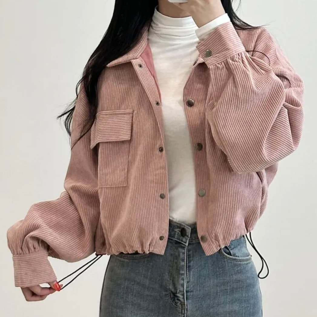 한국 chic 가을 새로운 프랑스식 레트로 폴로 칼라 더블 주머니 복잡한 펌프 로프 다용도 긴팔 코듀로이 여성 코트 상세 이미지 2