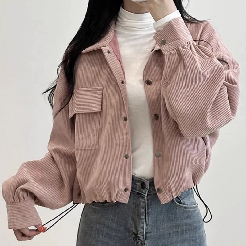 한국 chic 가을 새로운 프랑스식 레트로 폴로 칼라 더블 주머니 복잡한 펌프 로프 다용도 긴팔 코듀로이 여성 코트 상세 이미지 3