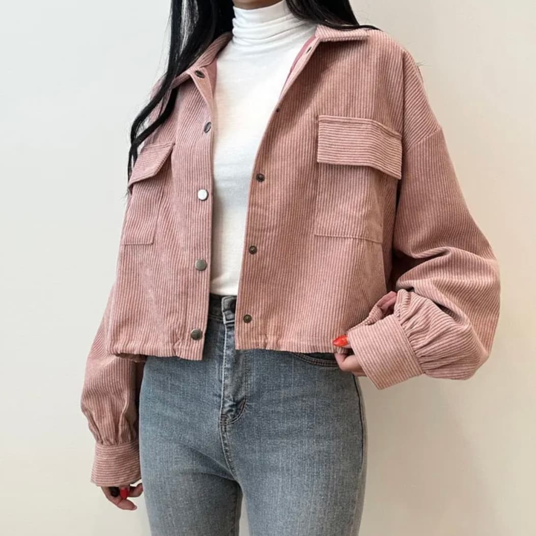 한국 chic 가을 새로운 프랑스식 레트로 폴로 칼라 더블 주머니 복잡한 펌프 로프 다용도 긴팔 코듀로이 여성 코트 상세 이미지 5