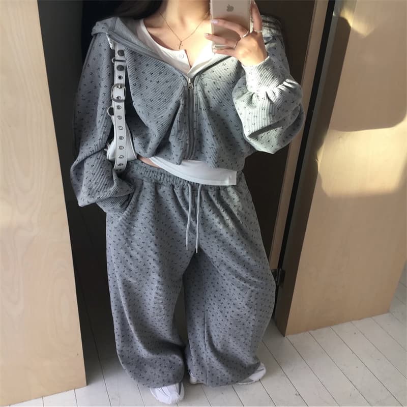 한국 주문 프랑스식 작은 청신 꽃무늬 후아 남편 그리드 후드 티 스웨터 재킷 하이웨이스트 캐주얼 긴 바지 여성 의류 상세 이미지 2