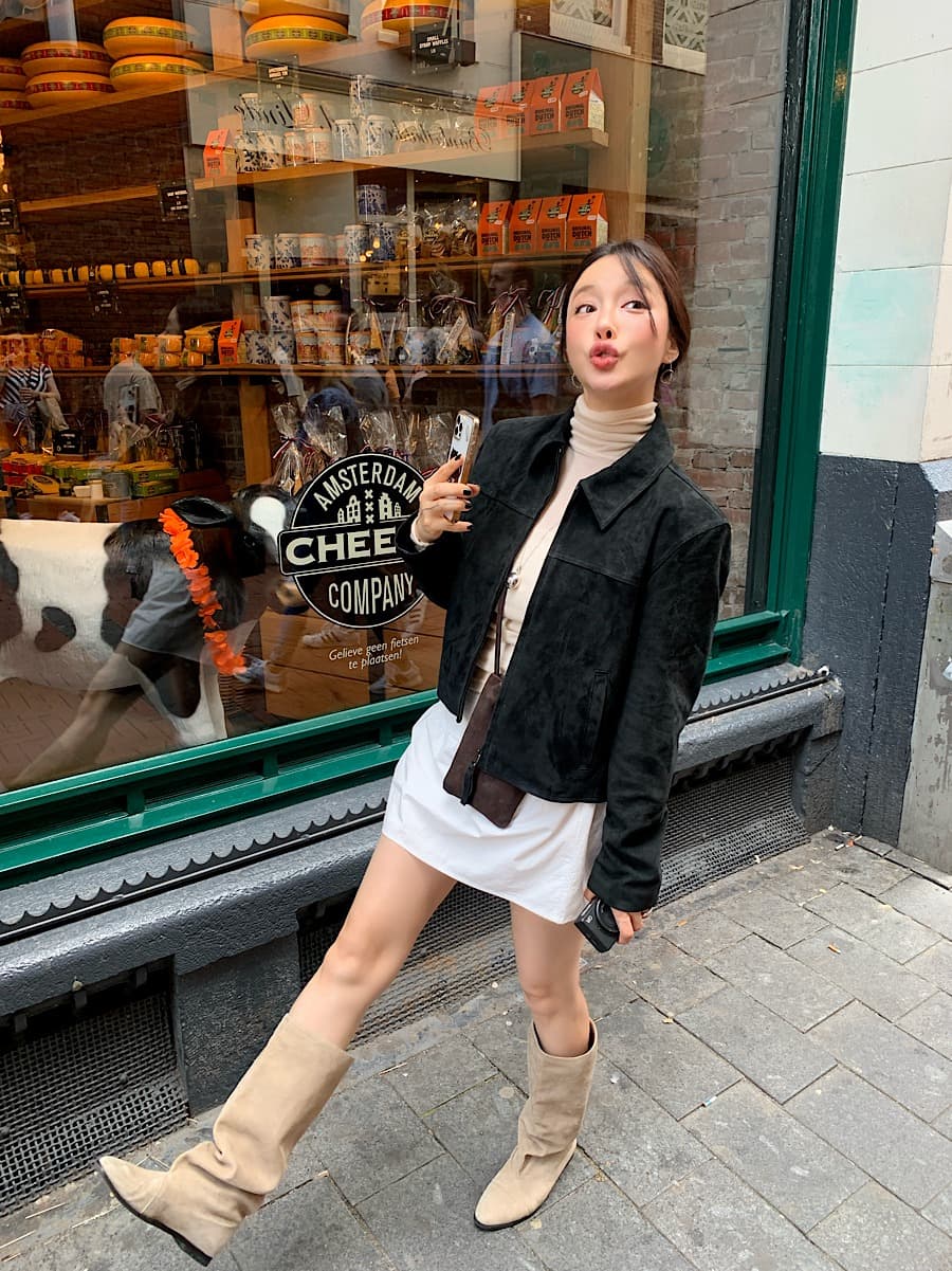 한국 chic 가을 레트로 잘 생긴 폴로 칼라 모조 가죽 플러시 루즈핏 다용도 지퍼 쇼트 스타일 긴팔 재킷 여성 코트 상세 이미지 15