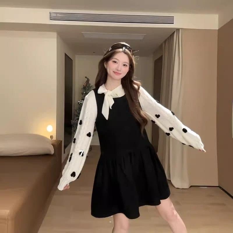 우 77 소녀 센스 스택 착용 세트 여성 한 부서 루즈핏 도트 무늬 드레스 나비 매듭 다용도 스웨터 투피스 세트 겨울