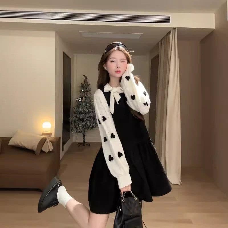 우 77 소녀 센스 스택 착용 세트 여성 한 부서 루즈핏 도트 무늬 드레스 나비 매듭 다용도 스웨터 투피스 세트 겨울 이미지 4