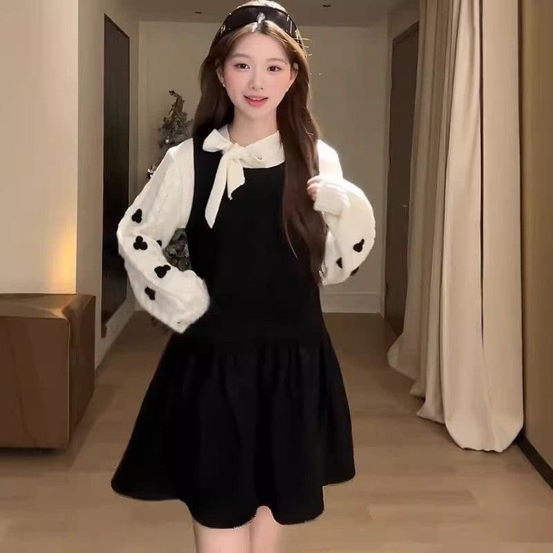 우 77 소녀 센스 스택 착용 세트 여성 한 부서 루즈핏 도트 무늬 드레스 나비 매듭 다용도 스웨터 투피스 세트 겨울 이미지 5