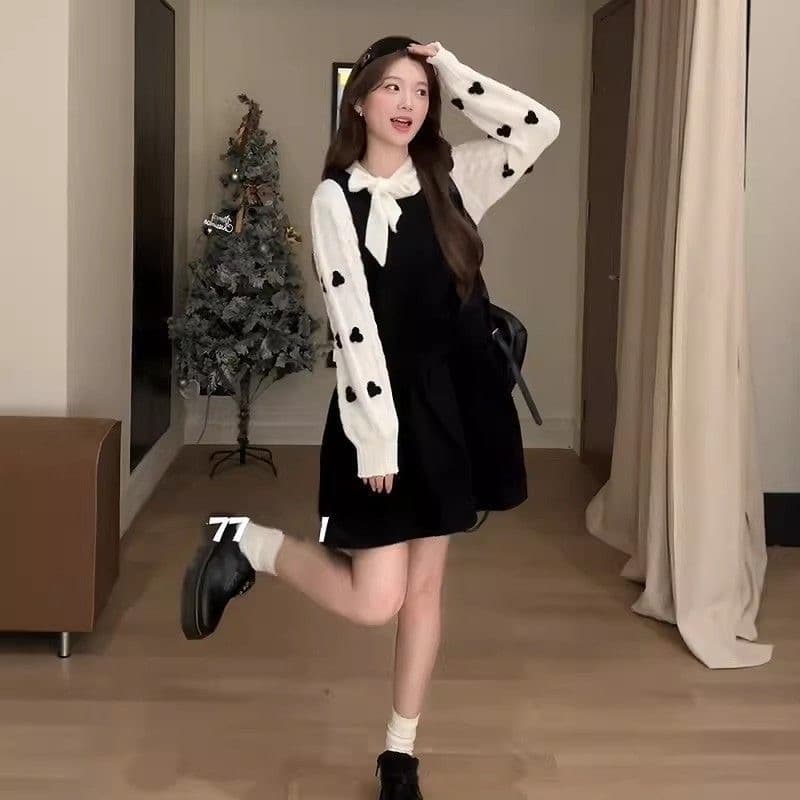 우 77 소녀 센스 스택 착용 세트 여성 한 부서 루즈핏 도트 무늬 드레스 나비 매듭 다용도 스웨터 투피스 세트 겨울 이미지 3