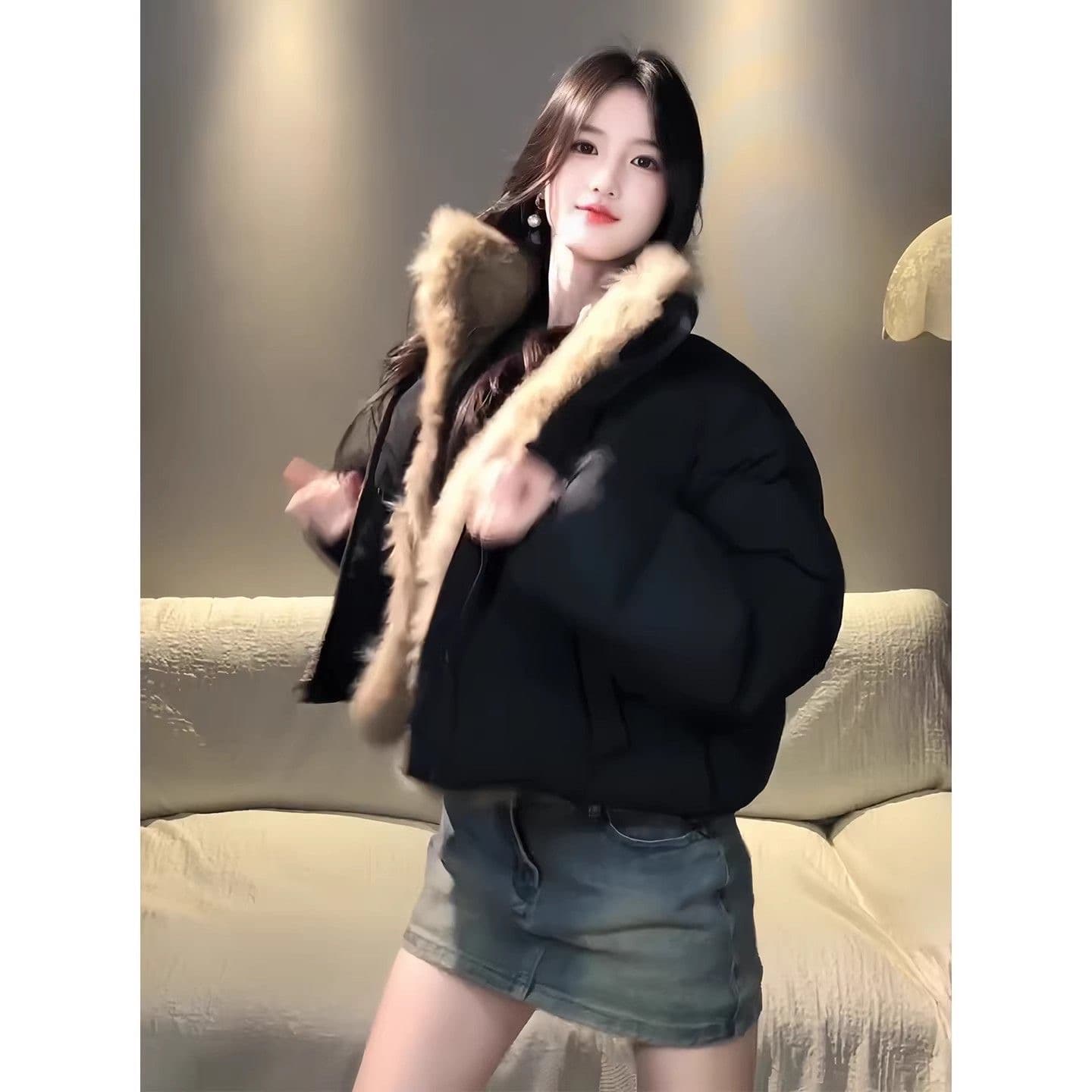 아메리칸 느긋한 바람 레트로 검정색 면 의류 재킷 2025 겨울 핏 스타일 슈퍼 잘 생긴 모피 패치워크 빵 외투 상세 이미지 4