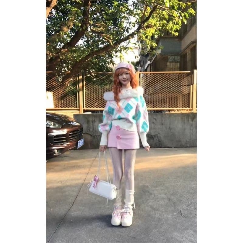 hhhook 신년 로드 중 무거운 작업 가져 오기 기계직 링 그리드 리프트 꽃가루 녹색 색상 일치 눈길을 끄는 오프숄더 폭스 울 스웨터 이미지 3