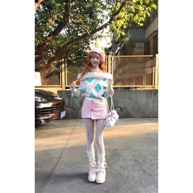 hhhook 신년 로드 중 무거운 작업 가져 오기 기계직 링 그리드 리프트 꽃가루 녹색 색상 일치 눈길을 끄는 오프숄더 폭스 울 스웨터 상세 이미지 2