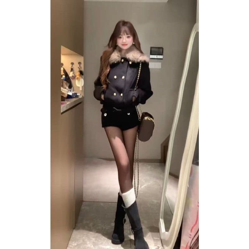 화이트 작은 물고기 오리지널 한 부서 모피 칼라 모직 재킷 여성 초 겨울 몸매 가꾸기 슬림해 보이는 자이언트 잘 생긴 검정색 쇼트 스타일 두꺼움 재킷 상세 이미지 2