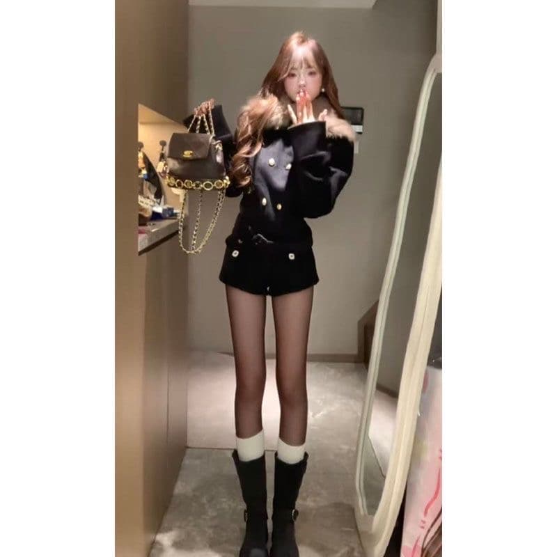 화이트 작은 물고기 오리지널 한 부서 모피 칼라 모직 재킷 여성 초 겨울 몸매 가꾸기 슬림해 보이는 자이언트 잘 생긴 검정색 쇼트 스타일 두꺼움 재킷 상세 이미지 5