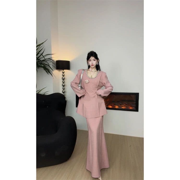 마이크로 지방 빅 사이즈 프랑스식 외국 가스 고급 두 조각 여성 세트 가을 겨울철 새로운 슬림해 보이는 맨위 반신 스커트 핑크색 세트 이미지 4