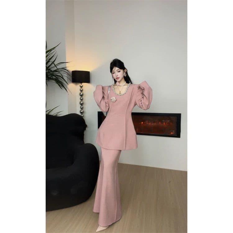 마이크로 지방 빅 사이즈 프랑스식 외국 가스 고급 두 조각 여성 세트 가을 겨울철 새로운 슬림해 보이는 맨위 반신 스커트 핑크색 세트 이미지 3
