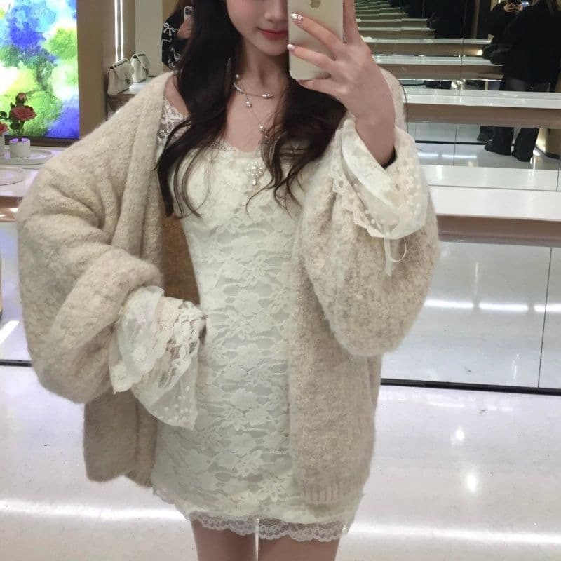 sisi jiang 레이스 암호 품격 부드러운 타이트 나팔 소매 타이트 스커트 화이트 몸매 가꾸기 드레스 이미지 2