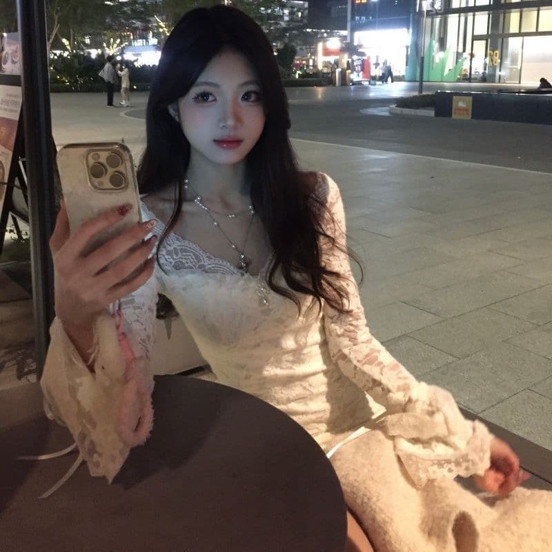 sisi jiang 레이스 암호 품격 부드러운 타이트 나팔 소매 타이트 스커트 화이트 몸매 가꾸기 드레스 이미지 3