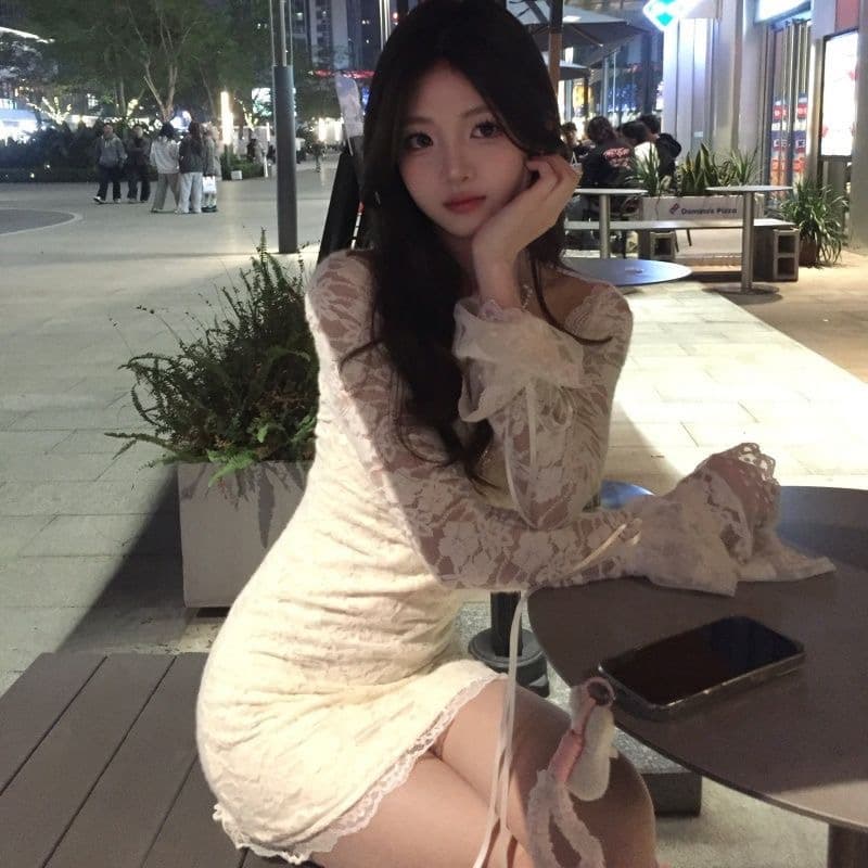 sisi jiang 레이스 암호 품격 부드러운 타이트 나팔 소매 타이트 스커트 화이트 몸매 가꾸기 드레스 상세 이미지 2