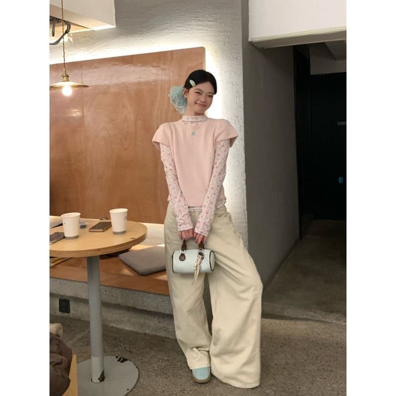 송 긍정적 인 En 핑크색 니트 반팔 티셔츠 여성 봄 부드러운 바람 한 부서 착용 가져 가라. 고유 한 슈퍼 잘 생긴 스택 착용 맨위 상세 이미지 2