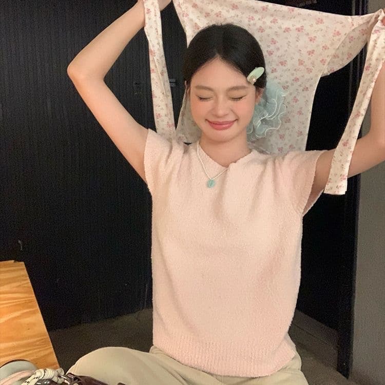 송 긍정적 인 En 핑크색 니트 반팔 티셔츠 여성 봄 부드러운 바람 한 부서 착용 가져 가라. 고유 한 슈퍼 잘 생긴 스택 착용 맨위 상세 이미지 3