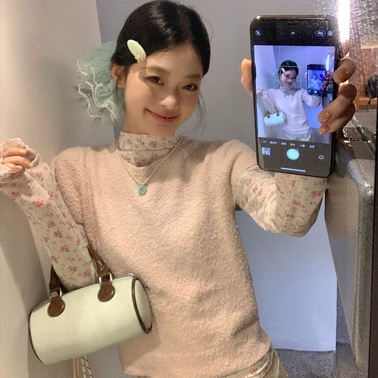송 긍정적 인 En 핑크색 니트 반팔 티셔츠 여성 봄 부드러운 바람 한 부서 착용 가져 가라. 고유 한 슈퍼 잘 생긴 스택 착용 맨위 상세 이미지 4