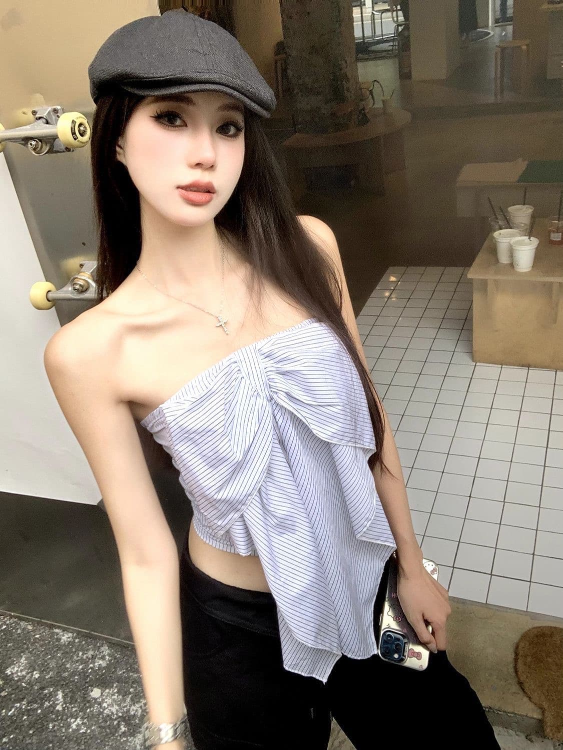 프랑스식 스트라이프 튜브탑 나비 매듭 여성 여름 디자인 센스 작은 대중 섹시함 고유 한 Chic 아름다운 오프숄더 작은 맨위 이미지 4
