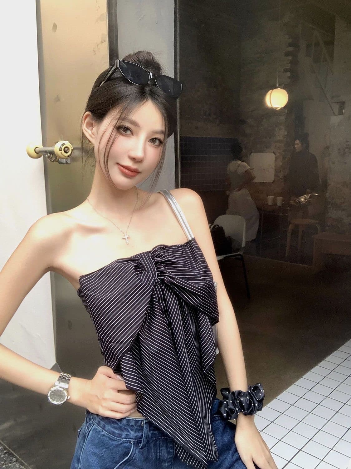 프랑스식 스트라이프 튜브탑 나비 매듭 여성 여름 디자인 센스 작은 대중 섹시함 고유 한 Chic 아름다운 오프숄더 작은 맨위 상세 이미지 5