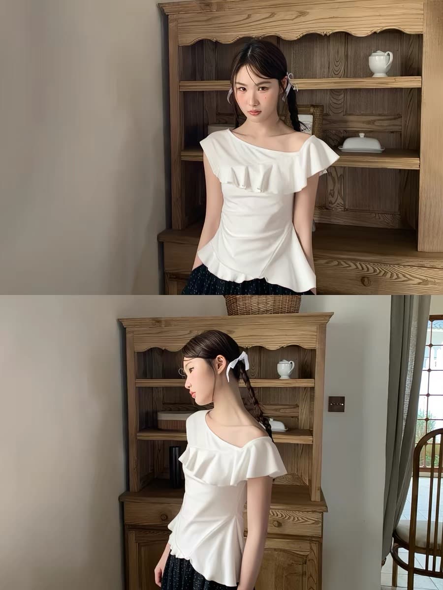 안녕하세요. 대포 프랑스식 비스듬한 어깨 계층의 감각 반팔 티셔츠 여성 여름 2026 새로운 슈퍼 잘 생긴 프릴 맨위 이미지 4