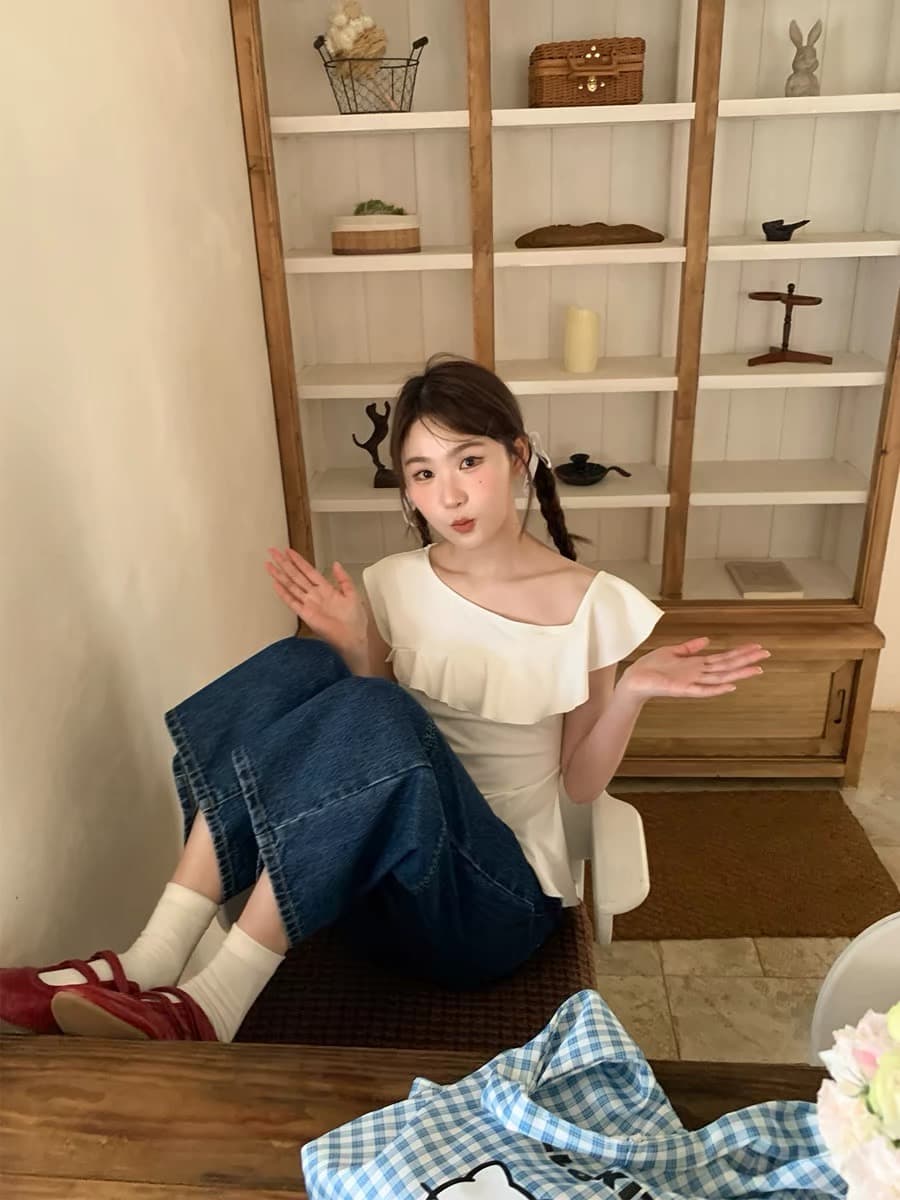 안녕하세요. 대포 프랑스식 비스듬한 어깨 계층의 감각 반팔 티셔츠 여성 여름 2026 새로운 슈퍼 잘 생긴 프릴 맨위 이미지 3