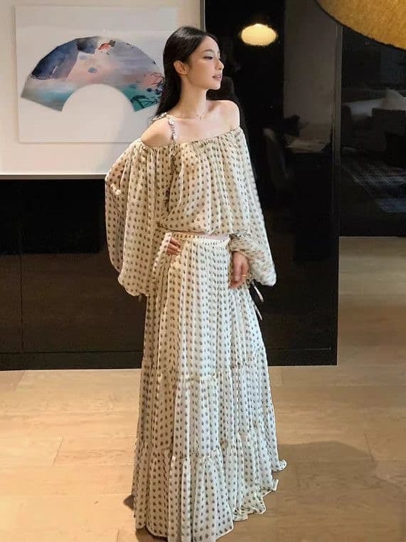 프랑스식 빛 럭셔리 오프숄더 부드러운 도트 무늬 긴팔 맨위 여성 지방 mm 봄 가을 새로운 품격 루즈핏 슬림해 보이는 치마 이미지 3