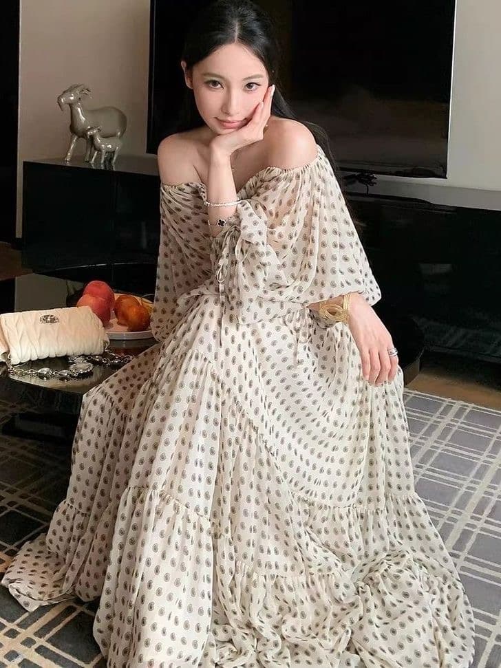 프랑스식 빛 럭셔리 오프숄더 부드러운 도트 무늬 긴팔 맨위 여성 지방 mm 봄 가을 새로운 품격 루즈핏 슬림해 보이는 치마 상세 이미지 2