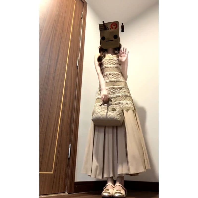 keni 빅 사이즈 프랑스식 순수한 욕망 레이스 V넥 민소매 조끼 스커트 여성 봄 여름 마이크로 지방 mm 주름 반신 롱 스커트 이미지 2