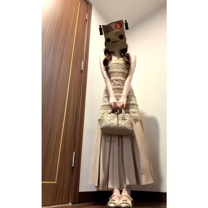 keni 빅 사이즈 프랑스식 순수한 욕망 레이스 V넥 민소매 조끼 스커트 여성 봄 여름 마이크로 지방 mm 주름 반신 롱 스커트 상세 이미지 2