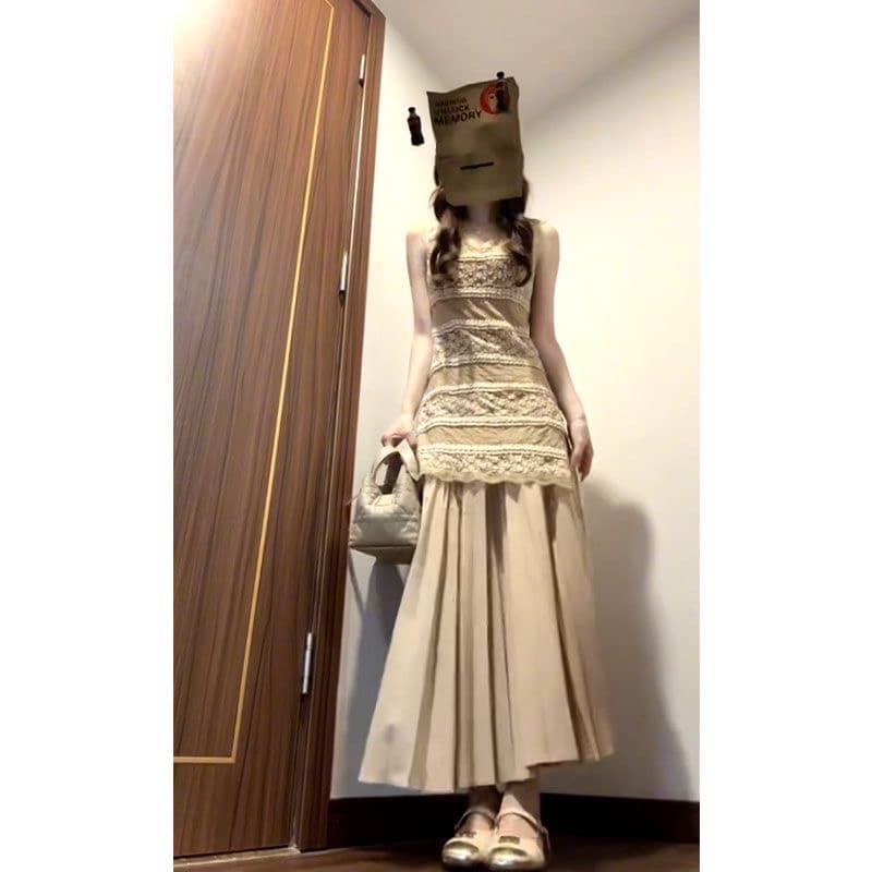 keni 빅 사이즈 프랑스식 순수한 욕망 레이스 V넥 민소매 조끼 스커트 여성 봄 여름 마이크로 지방 mm 주름 반신 롱 스커트 상세 이미지 4