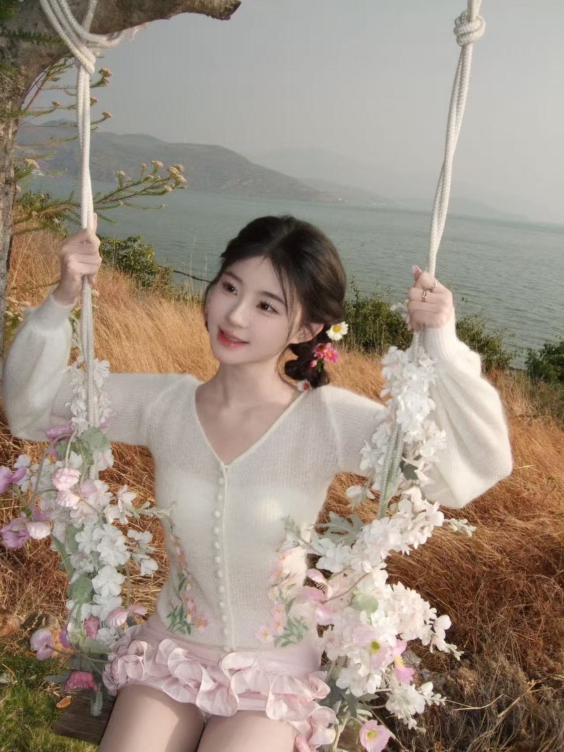 화이트 고급 센스 무거운 작업 꽃 프린트 V넥 니트 오픈 가디건 여성 봄 가을 프랑스식 달콤함 루즈핏 스웨터 코트 이미지 2