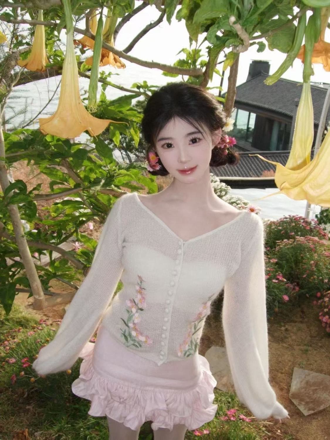 화이트 고급 센스 무거운 작업 꽃 프린트 V넥 니트 오픈 가디건 여성 봄 가을 프랑스식 달콤함 루즈핏 스웨터 코트 상세 이미지 4