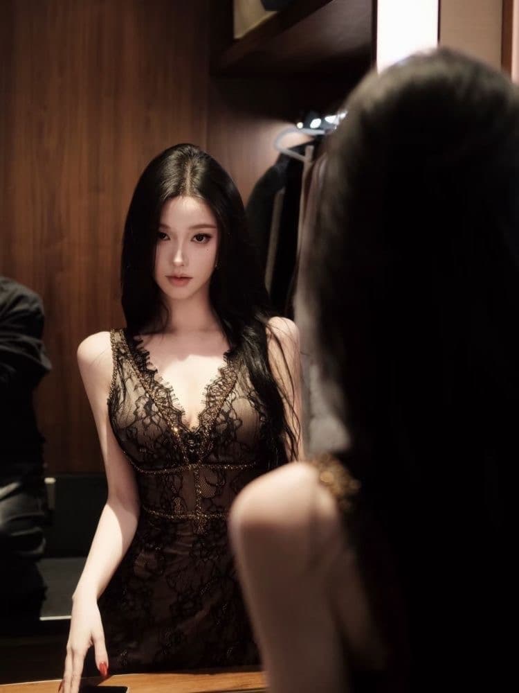 jayky yang S 지아 리 연회 V넥 레이스 민소매 타이트 스커트 수공 주문 구슬 트임 드레스 이미지 2