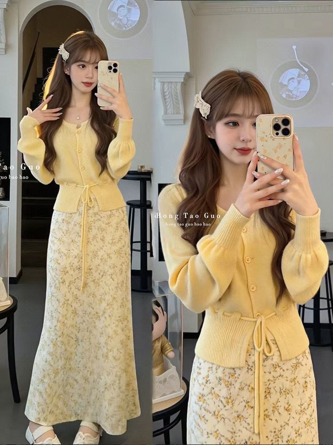 이른 봄 착용 가져 가라. 전체 집합 작은 샤넬 스타일 황색 니트 오픈 가디건 반신 스커트 자이언트 잘 생긴 아름다운 아름다운 두 조각 여성 세트 이미지 4