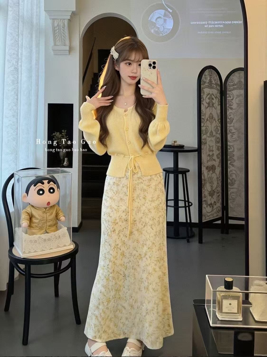 이른 봄 착용 가져 가라. 전체 집합 작은 샤넬 스타일 황색 니트 오픈 가디건 반신 스커트 자이언트 잘 생긴 아름다운 아름다운 두 조각 여성 세트 상세 이미지 5