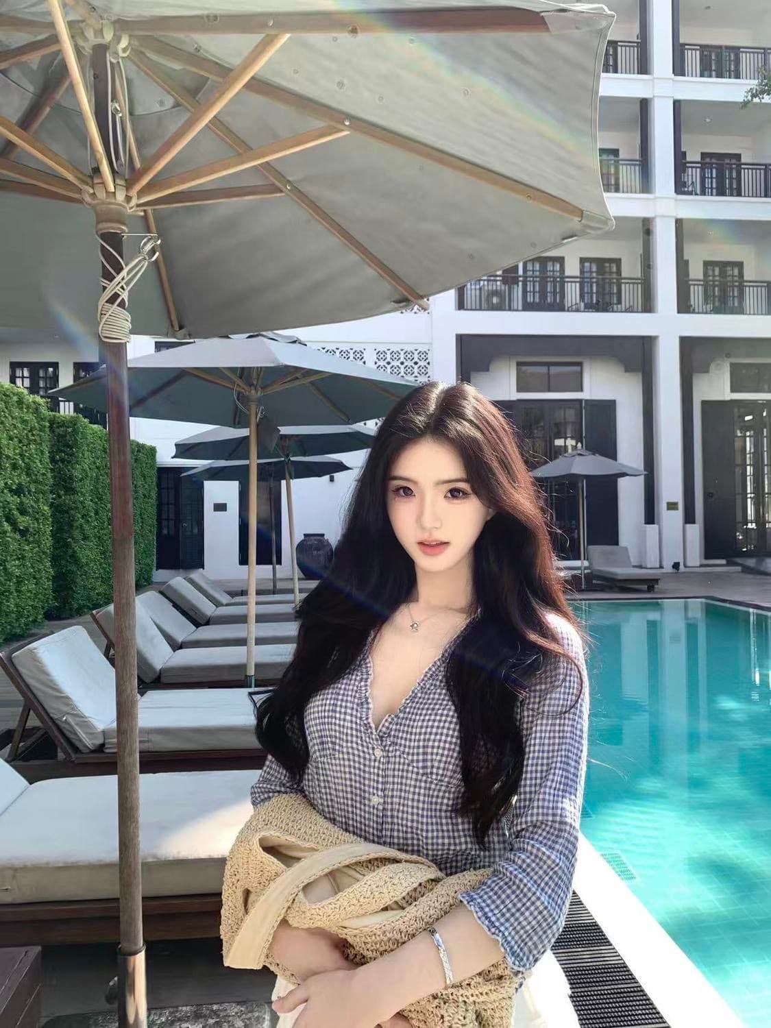 한국 스타일 miu 부서 체크무늬 프릴 V넥 7부 소매 여성 셔츠 2026 봄 새로운 Chic 디자인 센스 맨위