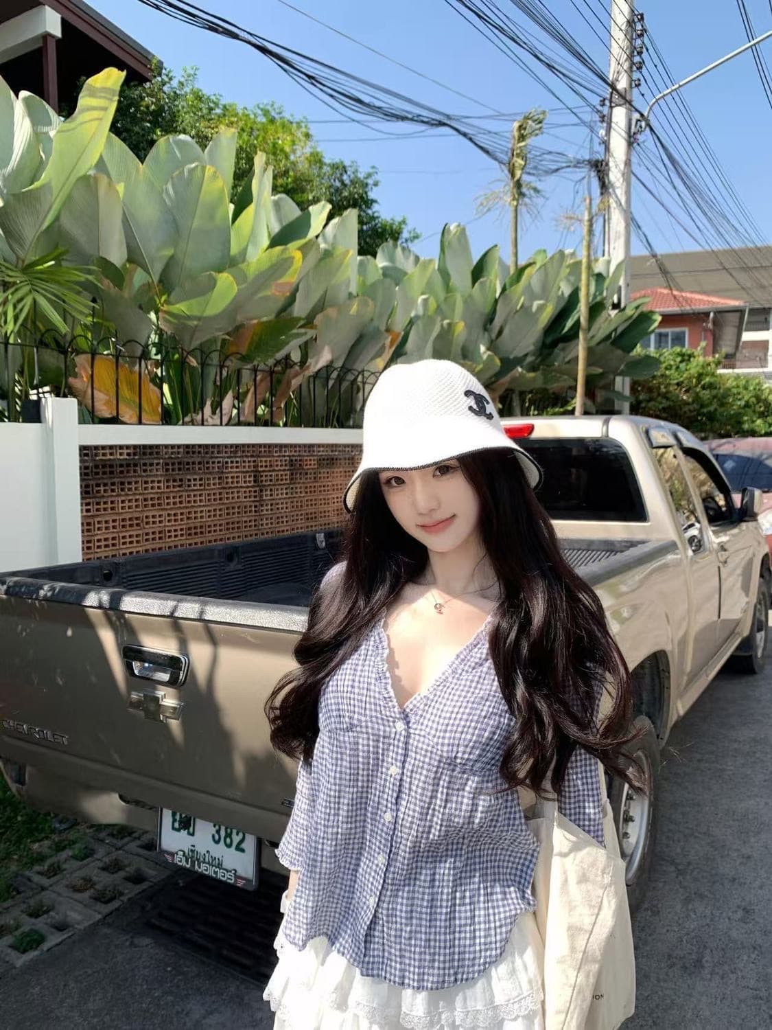 한국 스타일 miu 부서 체크무늬 프릴 V넥 7부 소매 여성 셔츠 2026 봄 새로운 Chic 디자인 센스 맨위 상세 이미지 2