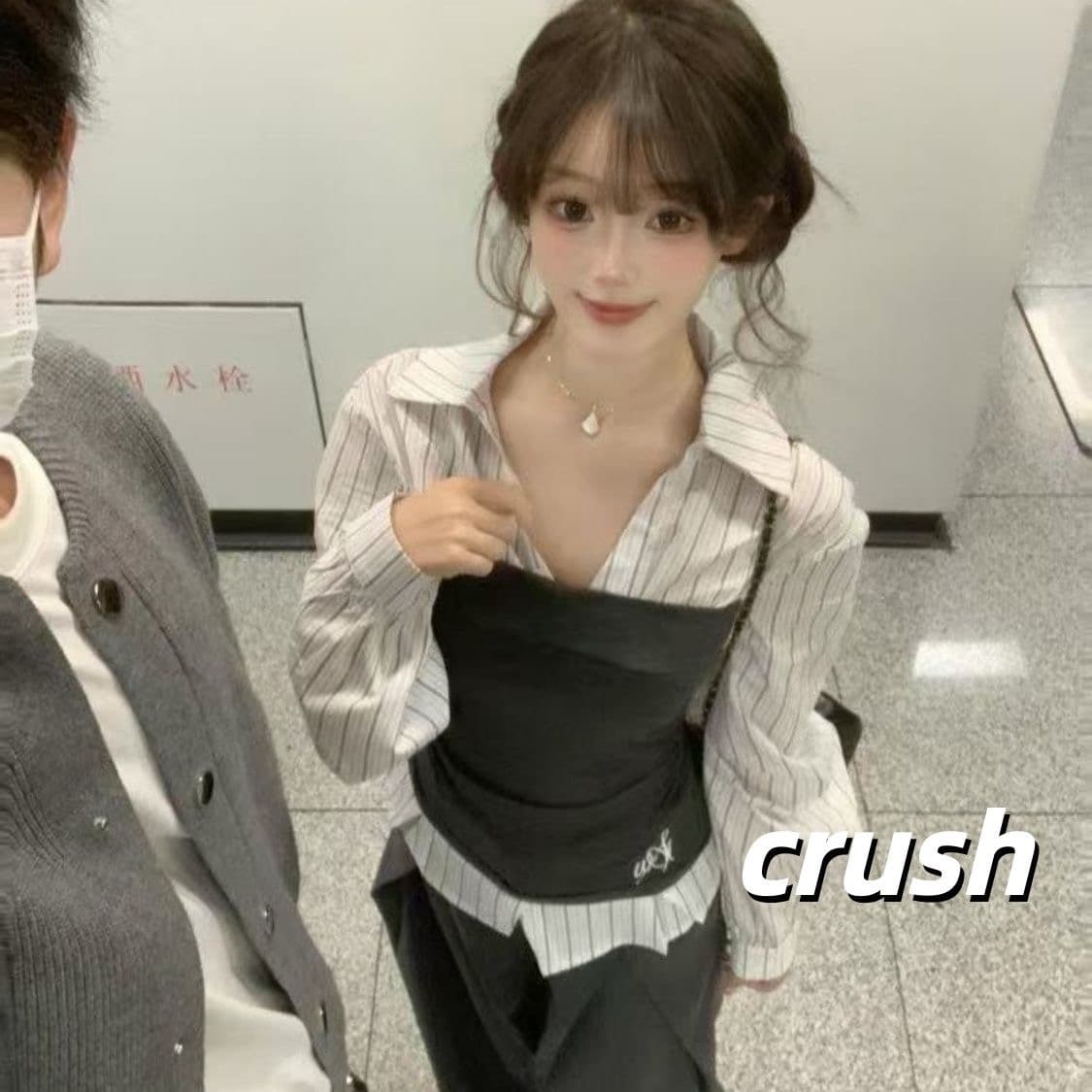 통통한 여동생 페이크 레이어드 배색 긴팔 여성 셔츠 봄 새로운 고급 센스 허리 수축 맨위 와이드 레그 팬츠 투피스 세트 상세 이미지 5