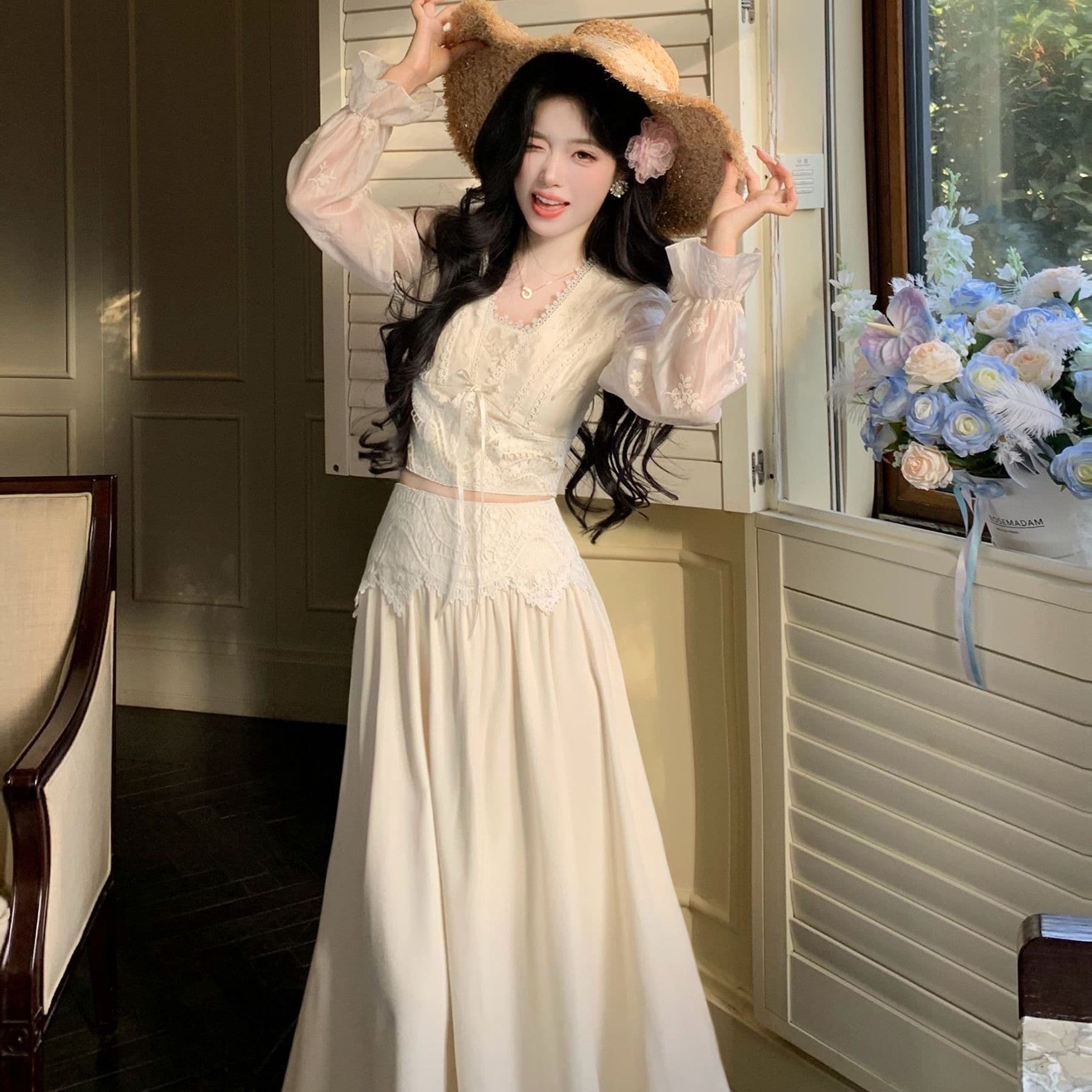 blovelan 꿀 눈꽃 양조 한 얕은 봄 부서 프랑스식 품격 자수 레이스 맨위 큰 진자 반신 치마 세트 여성 상세 이미지 2