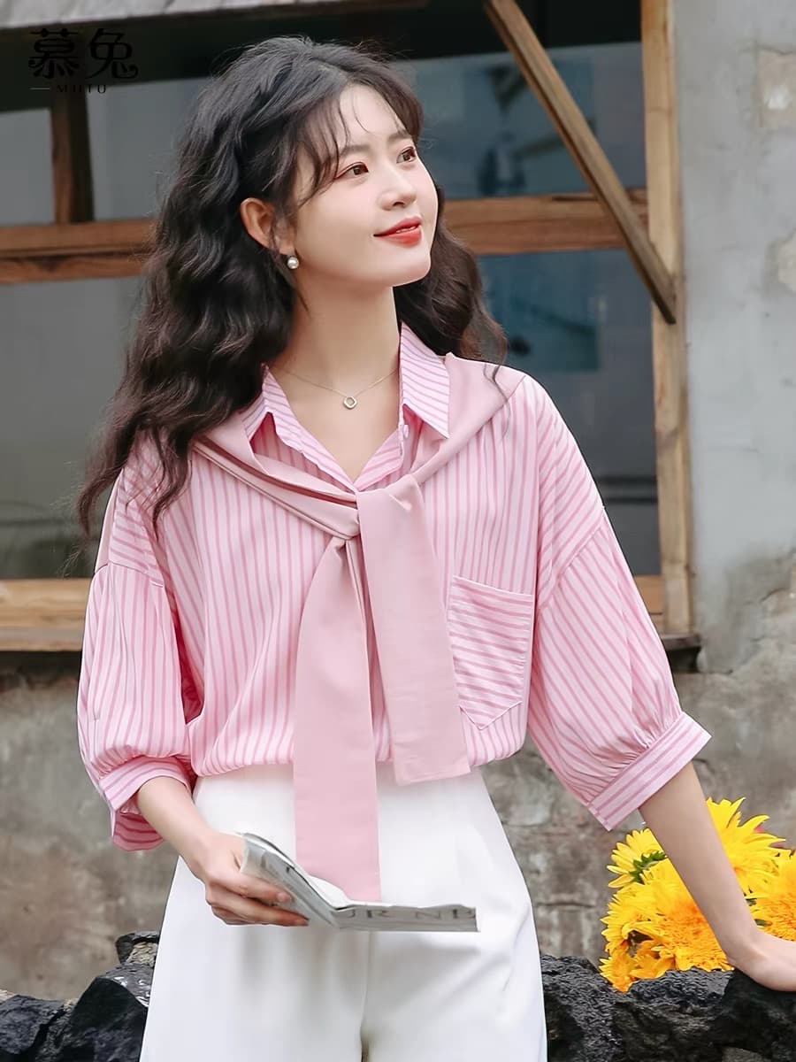 뮤 토끼 ins 항구 바람 스트라이프 페이크 레이어드 숄 여성 셔츠 2026 여름 새로운 디자인 센스 작은 대중 맨위 트렌디 상세 이미지 3