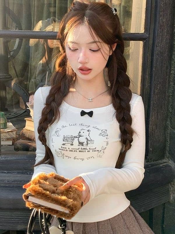 q 여자 집 작은 곰 쇼핑 주간 연삭 플리스 플러시 긍정적 인 어깨 몸매 가꾸기 프린트 티셔츠 인사이드 가져 가라. 만나는 가을 겨울 긴팔 맨위 상세 이미지 4